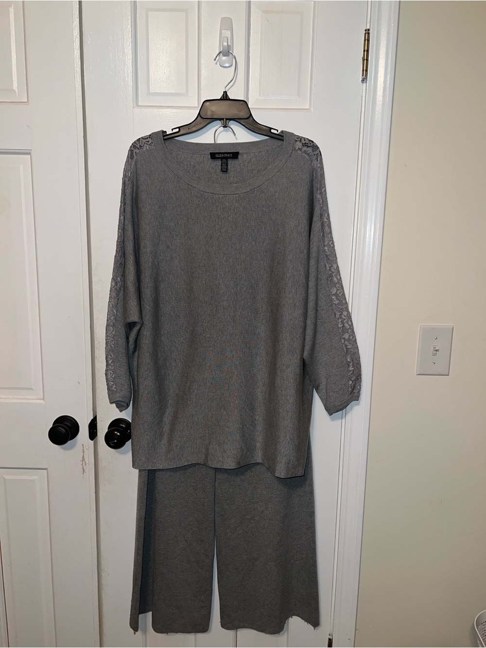 Ellen Tracy Gray Crewneck Sweater Set with Lace-Trim Sleeves